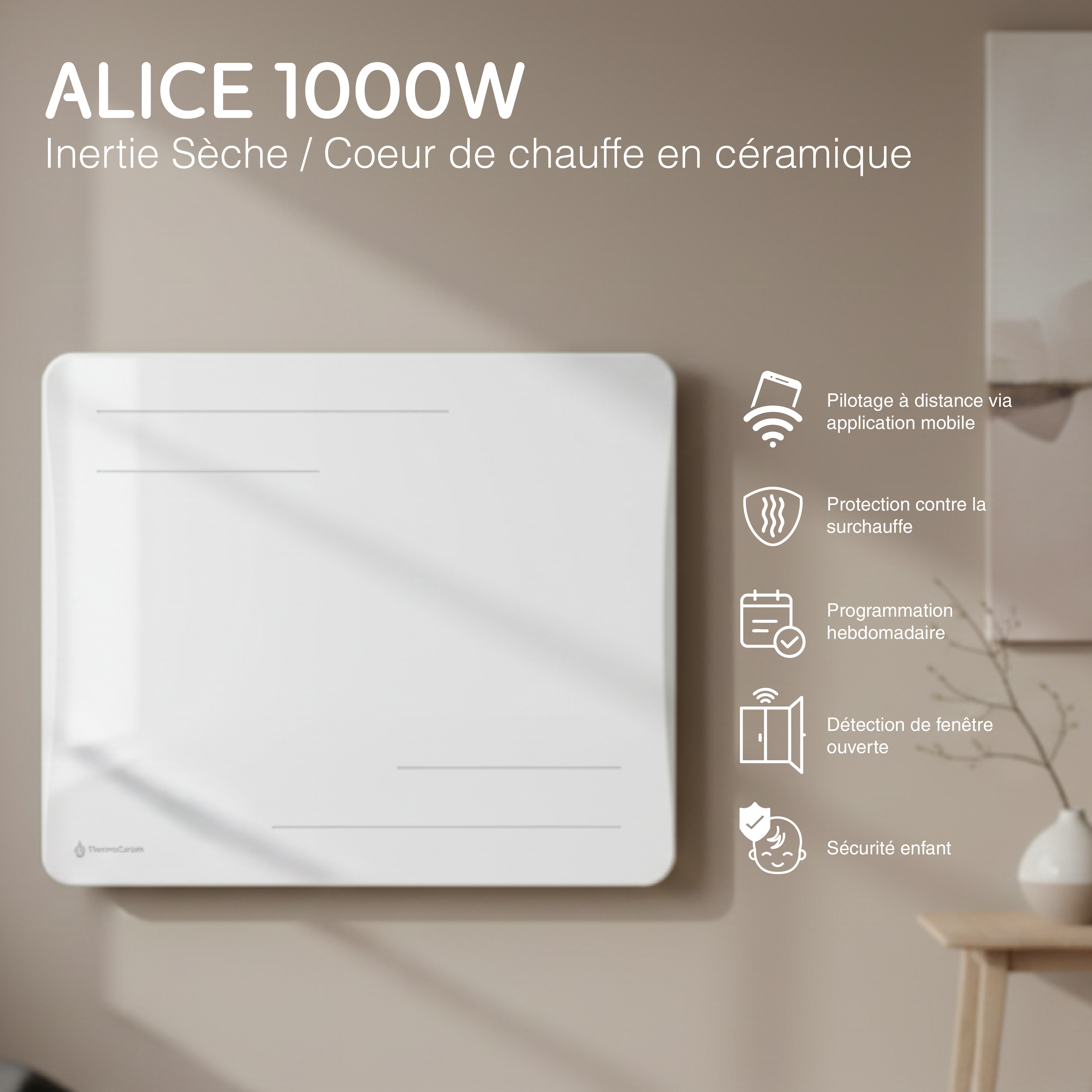 Radiador eléctrico conectado 1000W de inercia seca cerámica horizontal Blanco Alice