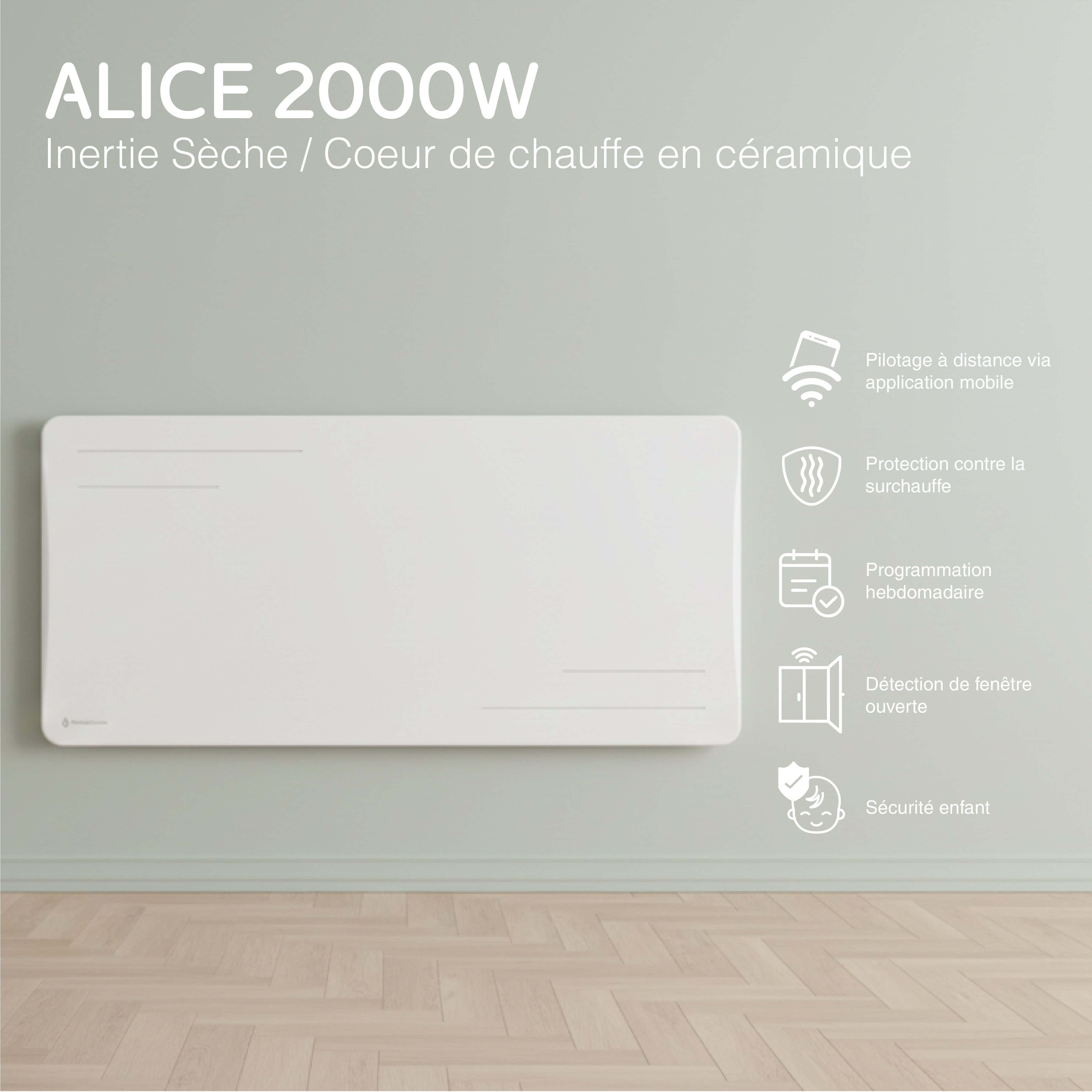 Radiador eléctrico conectado 2000W de inercia seca cerámica horizontal Blanco Alice