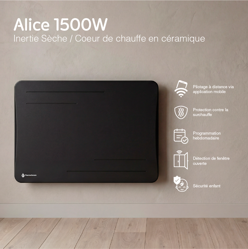 Radiador eléctrico conectado 1500W de inercia seca cerámica horizontal Negro Alice