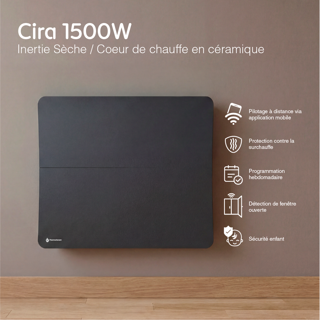 Radiador eléctrico conectado 1500W sistema de calefacción doble horizontal Negro Cira