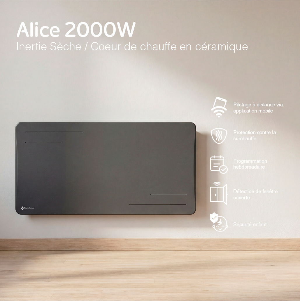 Radiador eléctrico conectado 2000W de inercia seca cerámica horizontal Negro Alice