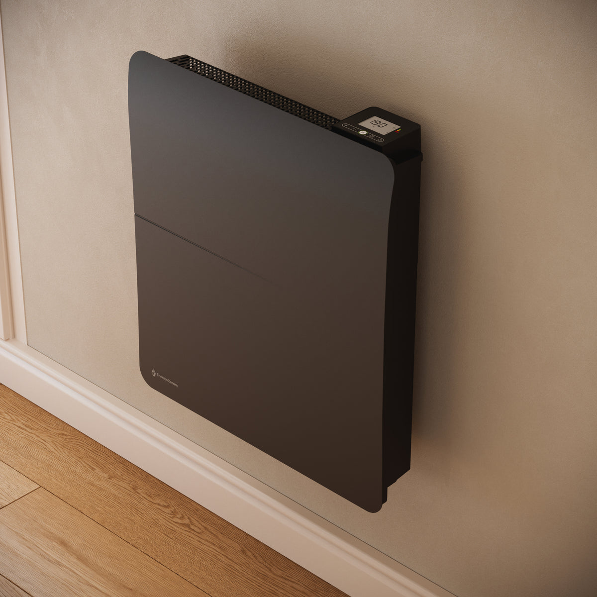 Radiateur Cira 1000 W noir — gros plan de trois quarts sur le thermostat