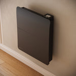 Radiateur Cira 1000 W noir — gros plan de trois quarts sur le thermostat