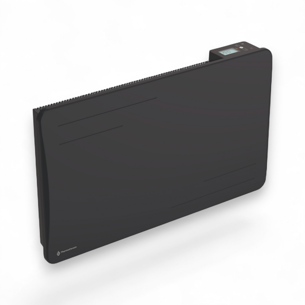 Radiador Alice de 1500 W negro, vista de tres cuartos sobre fondo blanco, con su pantalla digital