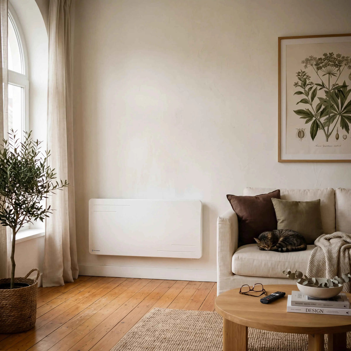 Radiador Alice de 2000 W blanco instalado en la pared de un salón, cerca de una ventana y un sofá blanco