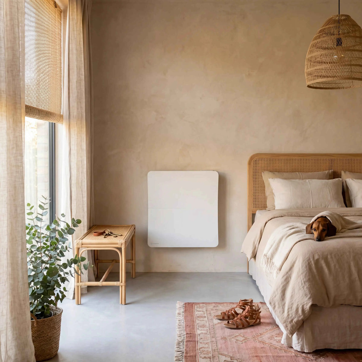 Radiador Cira de 1000 W blanco instalado en la pared de un dormitorio, entre un taburete de ratán y la cama