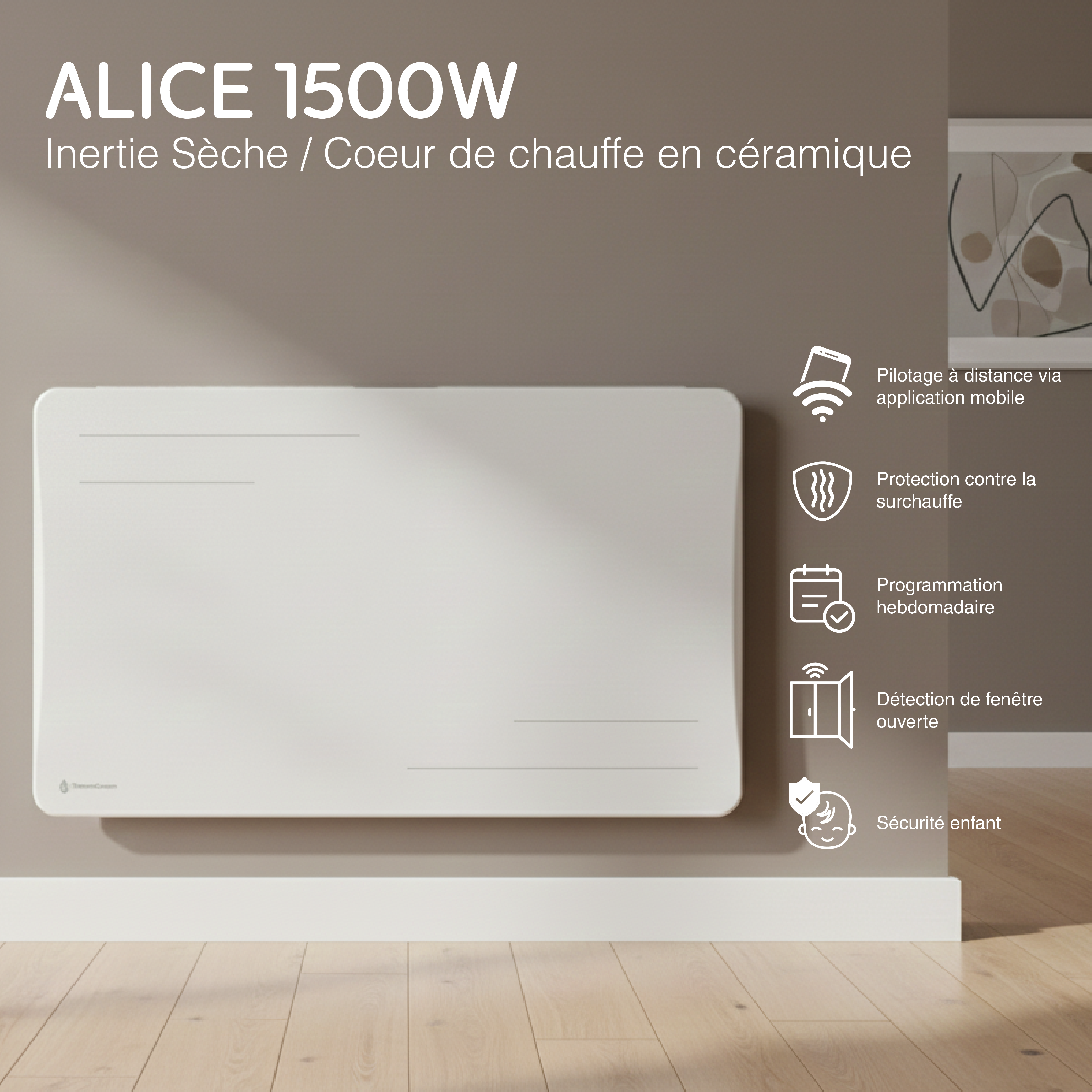 Radiador eléctrico conectado 1500W de inercia seca cerámica horizontal Blanco Alice