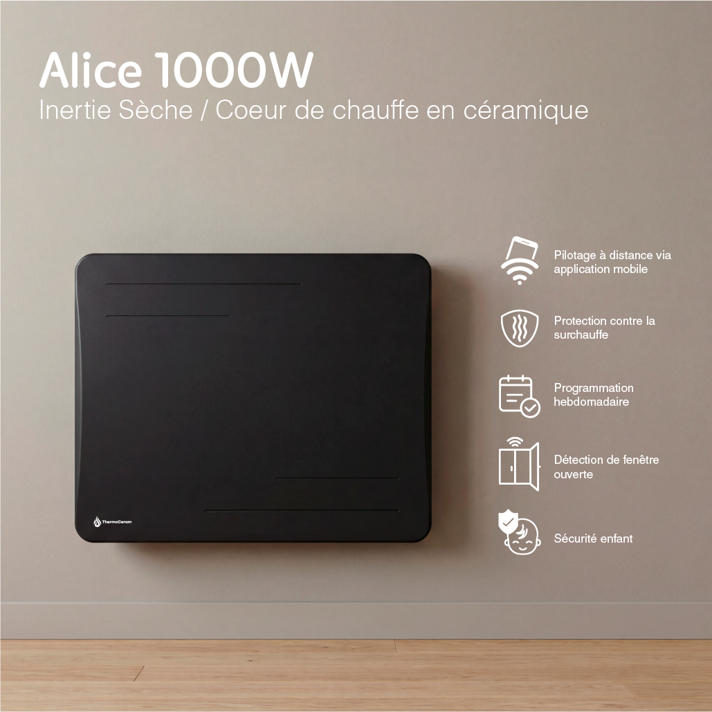 Radiador eléctrico conectado 1000W de inercia seca cerámica horizontal Negro Alice