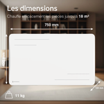 Dimensiones del radiador Alice de 1500 W blanco: 750 × 450 × 120 mm, 11 kg, para una estancia de hasta 18 m²