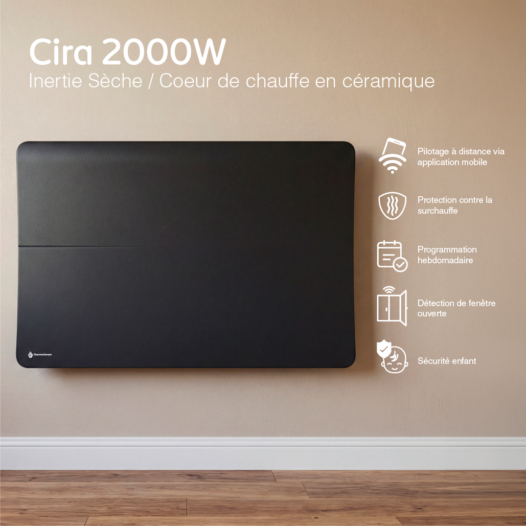 Radiador eléctrico conectado 2000W sistema de calefacción doble horizontal Negro Cira